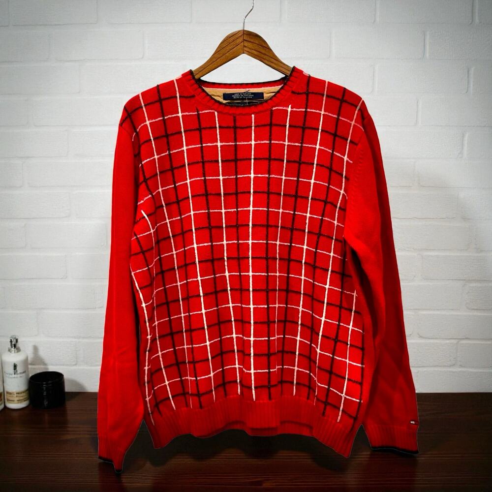 Tommy Hilfiger Vintage Red Plaid Crewneck Sweater Mens L